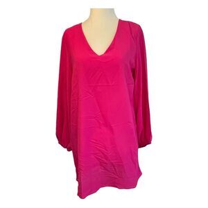 Belongsci Tunic‎ Shift Dress Hot Pink Knit Mini V-Neck Puff Long Sleeve S